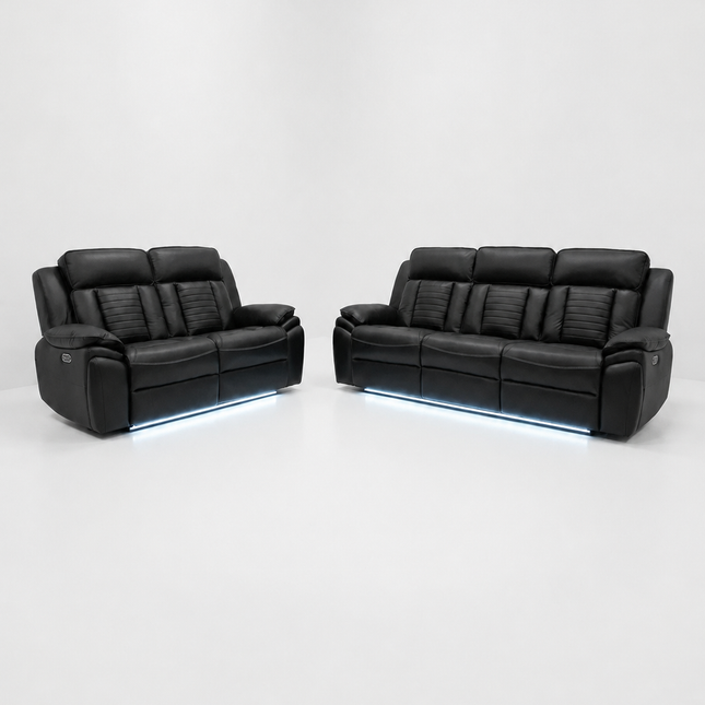 Savilla Electric Leather Recliner Sofa Set – 3+2 Seater with Cup Holders, USB & Type-C Charging Ports, LED Lighting & Wireless Charging, Black & Grey