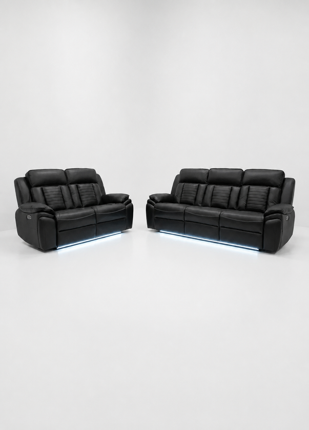 Savilla Electric Leather Recliner Sofa Set – 3+2 Seater with Cup Holders, USB & Type-C Charging Ports, LED Lighting & Wireless Charging, Black & Grey