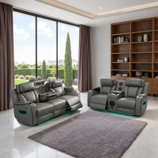 Osman Smart Leather Electric Recliner 3+2 Seater Sofa Set with Wireless Charging, USB-C Ports, Bluetooth Speakers, RGB LED Lighting & Electric Headrests