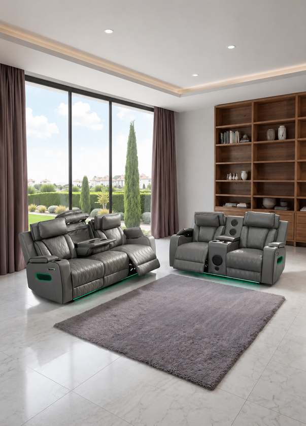 Osman Smart Leather Electric Recliner 3+2 Seater Sofa Set with Wireless Charging, USB-C Ports, Bluetooth Speakers, RGB LED Lighting & Electric Headrests