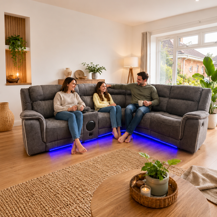 Hannah Grey Microfibre Electric Recliner Corner Sofa Set | Fabric Sofa with USB Charging, LED Lights & Bluetooth Speakers