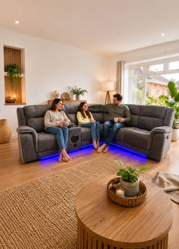 Hannah Grey Microfibre Electric Recliner Corner Sofa Set | Fabric Sofa with USB Charging, LED Lights & Bluetooth Speakers