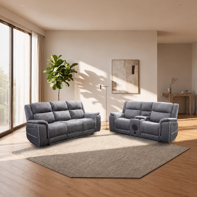 Hannah Grey Microfibre Electric Recliner 3+2 Seater Sofa Set with USB Charging, LED Lights & Bluetooth Speakers