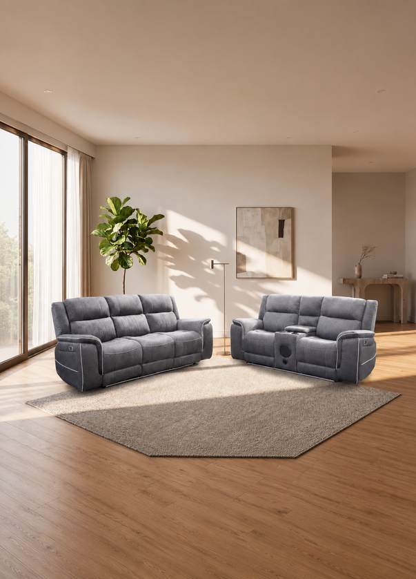 Hannah Grey Microfibre Electric Recliner 3+2 Seater Sofa Set with USB Charging, LED Lights & Bluetooth Speakers
