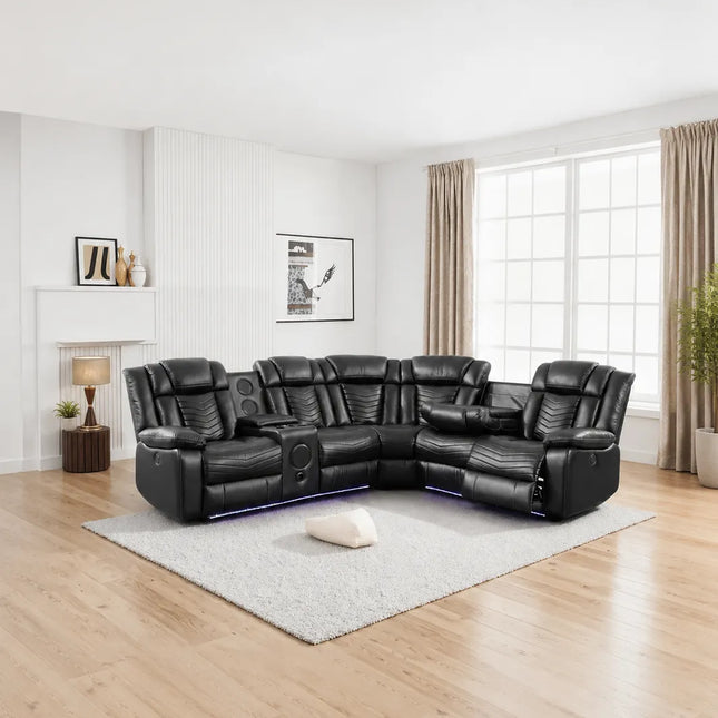 Michigan Leather Electric Recliners Corner Sofa With Cupholders (Black/Grey/Brown)- Bluetooth Speakers/LED Lights/USB Charging Ports/Storage