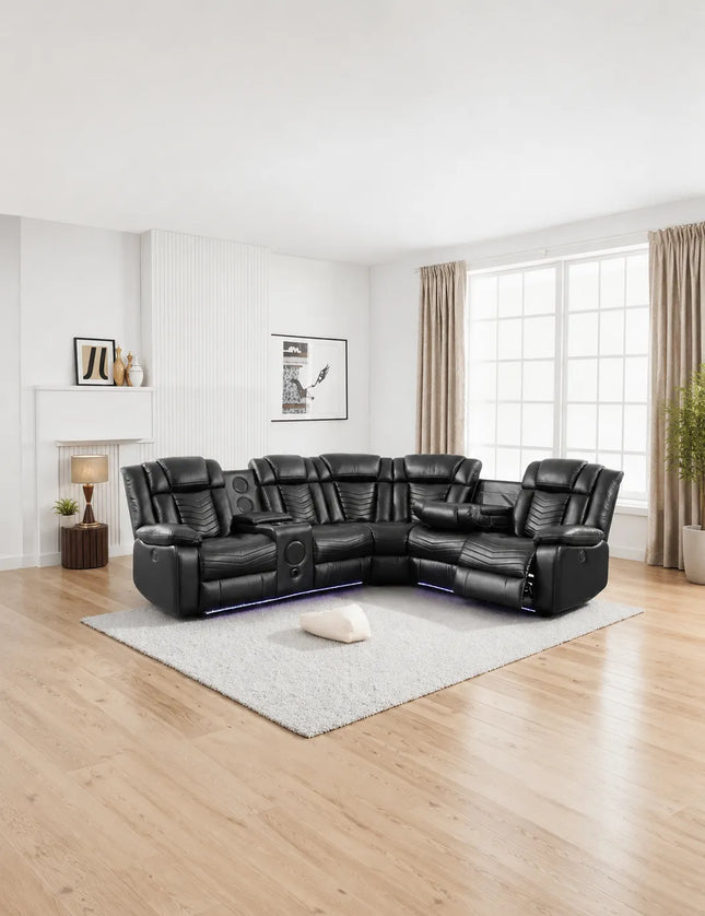 Michigan Leather Electric Recliners Corner Sofa With Cupholders (Black/Grey/Brown)- Bluetooth Speakers/LED Lights/USB Charging Ports/Storage