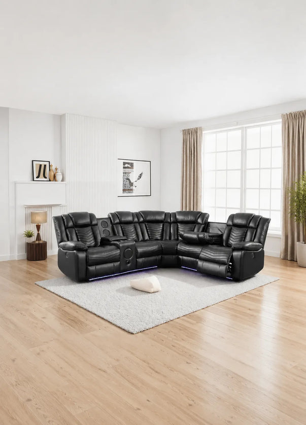 Michigan Leather Electric Recliners Corner Sofa With Cupholders (Black/Grey/Brown)- Bluetooth Speakers/LED Lights/USB Charging Ports/Storage