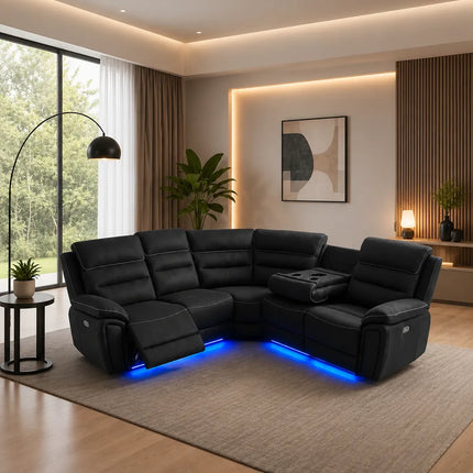 Milano Fabric Electric Recliner Corner Sofa Set – LED Lighting, USB & Type-C Charging, Wireless Charging & Cup Holders