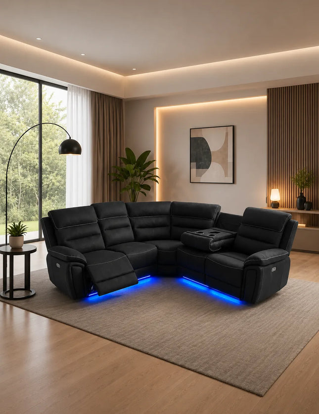 Milano Fabric Electric Recliner Corner Sofa Set – LED Lighting, USB & Type-C Charging, Wireless Charging & Cup Holders