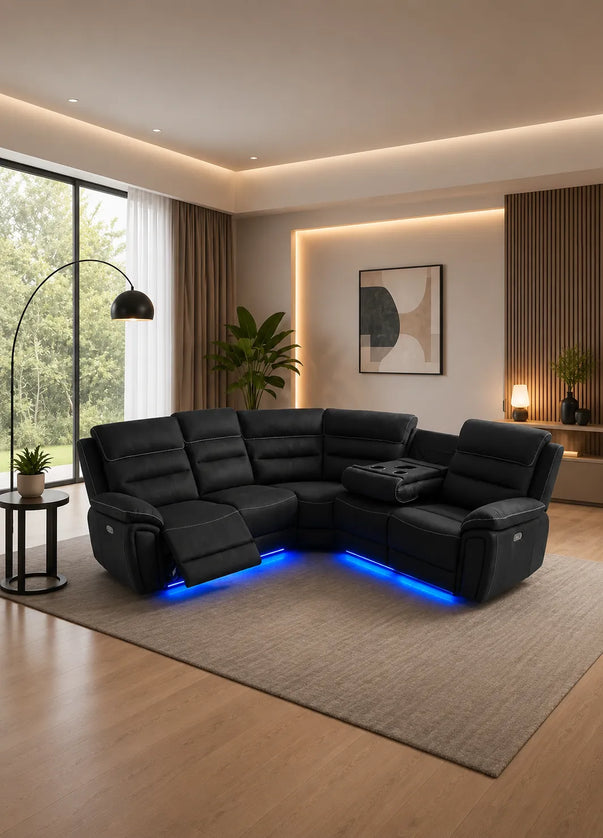 Milano Fabric Electric Recliner Corner Sofa Set – LED Lighting, USB & Type-C Charging, Wireless Charging & Cup Holders