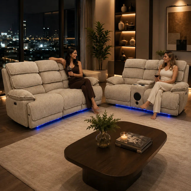 Lakelyn Beige Fabric Electric Recliner 3+2 Seater Sofa Set with Bluetooth Connectivity, LED Lighting, Storage Console & Power Reclining Seats