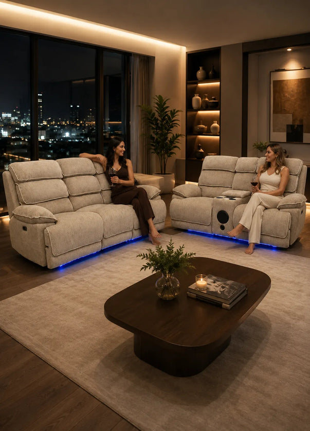 Lakelyn Beige Fabric Electric Recliner 3+2 Seater Sofa Set with Bluetooth Connectivity, LED Lighting, Storage Console & Power Reclining Seats