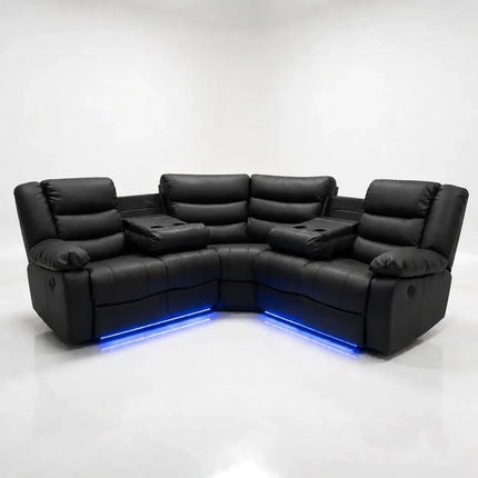 Roma Black Leather Electric Recliner Corner Sofa + LED/USB/ Cupholders
