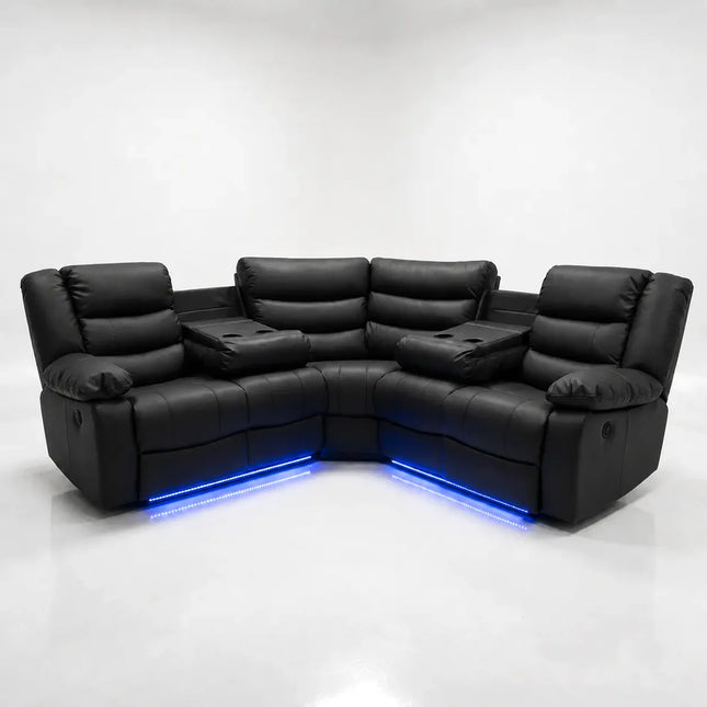 Roma Black Leather Electric Recliner Corner Sofa + LED/USB/ Cupholders
