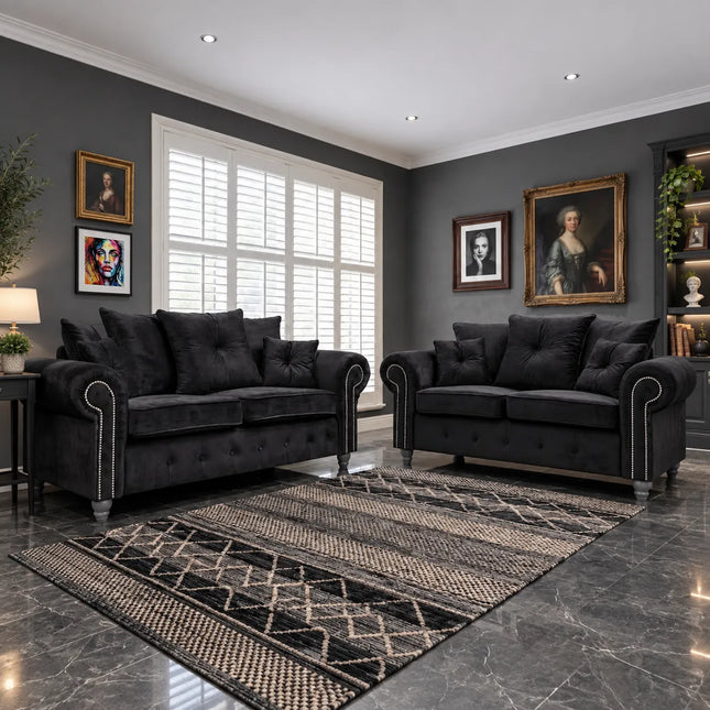 Olympia Plush Velvet Sofa Set – Modern Button-Tufted Design with Scatter Back Cushions, 3+2 Seater in Black & Grey