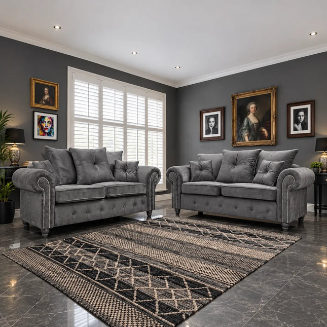 Olympia Plush Velvet Sofa Set – Modern Button-Tufted Design with Scatter Back Cushions, 3+2 Seater in Black & Grey