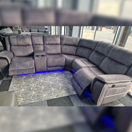 Fabric Electric Recliner Corner Sofa Grey-LED LIGHTS/USB PORTS/CUPHOLDERS