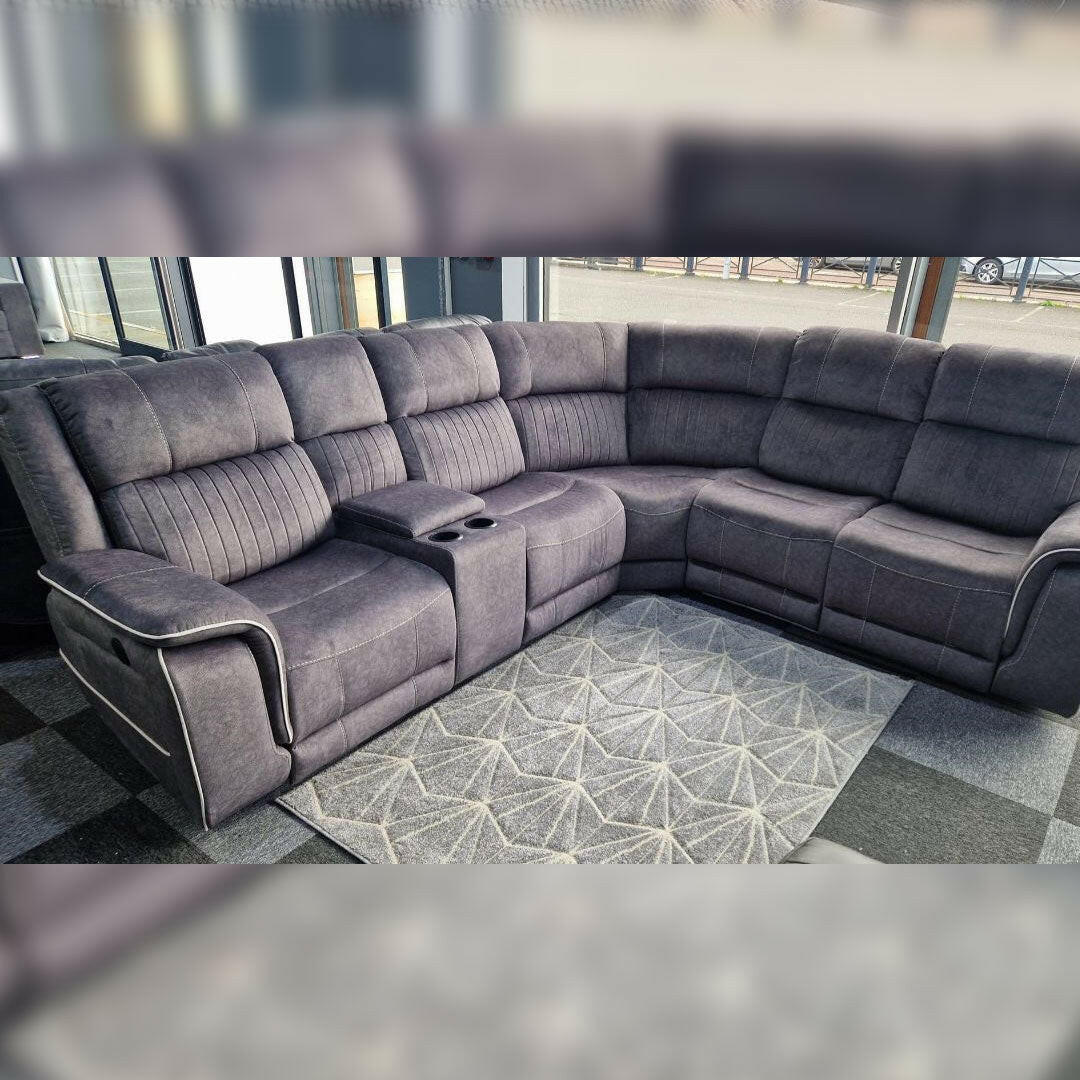 Fabric Electric Recliner Corner Sofa Grey-LED LIGHTS/USB PORTS/CUPHOLDERS