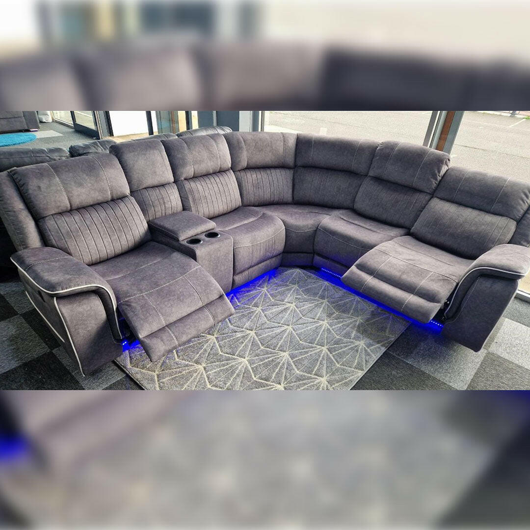 Fabric Electric Recliner Corner Sofa Grey-LED LIGHTS/USB PORTS/CUPHOLDERS