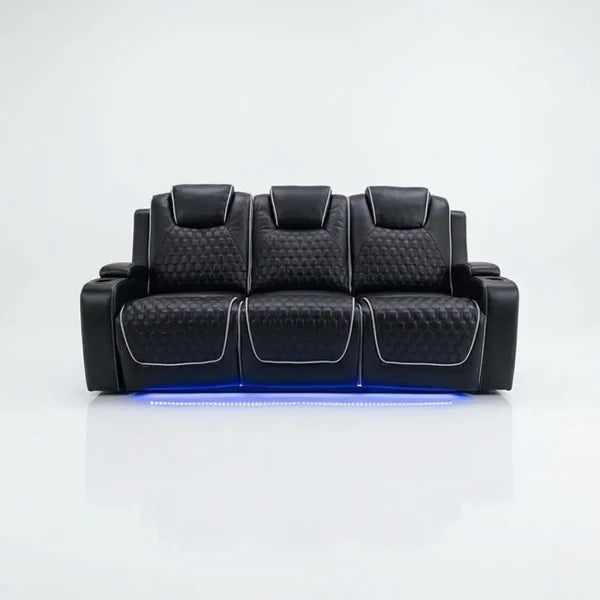 Malaga Leather Electric Recliner Sofa Set – 3+2 Seater with LED Lights, Bluetooth Speakers, USB & Type-C Charging and Wireless Charging (Grey, Black & Cream)