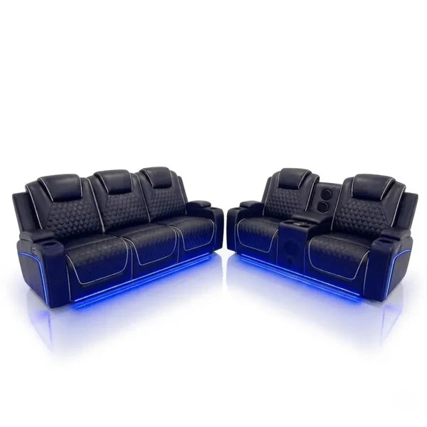 Malaga 3+2 Smart Electric Recliner Leather Sofa Set Bluetooth, Wireless Charging & LED Base Lighting
