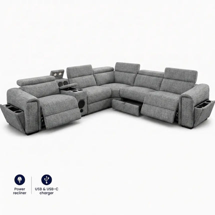Cuba Fabric Electric Recliner Corner Sofa – Grey, Silver & Beige | USB-C, LED Lights & Storage