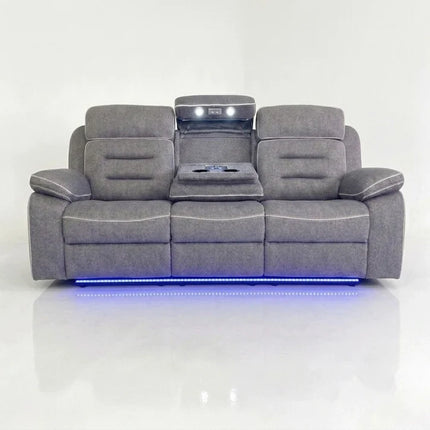 Hafsa Music 3 + 2 Elec Recliners. Grey OTE Fabric Set , USB, LED, Bluetooth
