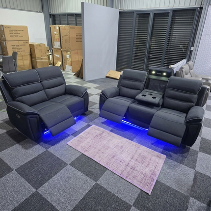 Milano 3 + 2 Electrical Recliner Sofa Set, USB, LED- Platinum Fabric Dark Grey
