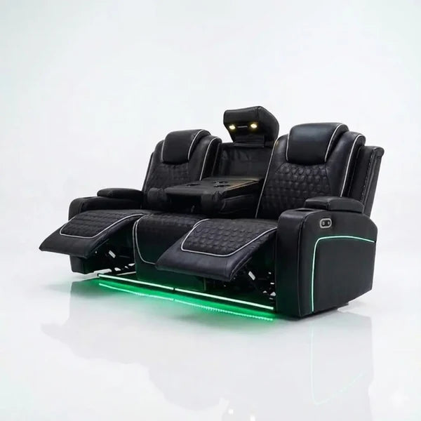 Malaga Leather Electric Recliner Sofa Set – 3+2 Seater with LED Lights, Bluetooth Speakers, USB & Type-C Charging and Wireless Charging (Grey, Black & Cream)