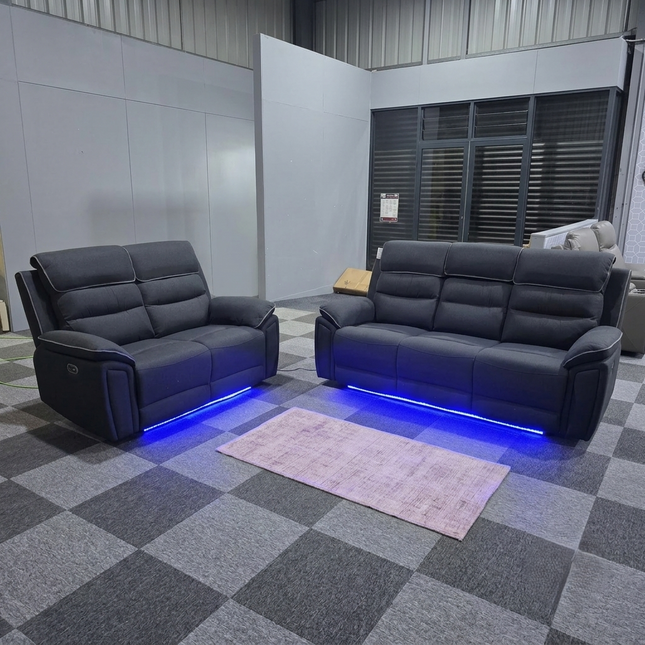 Milano 3 + 2 Electrical Recliner Sofa Set, USB, LED- Platinum Fabric Dark Grey