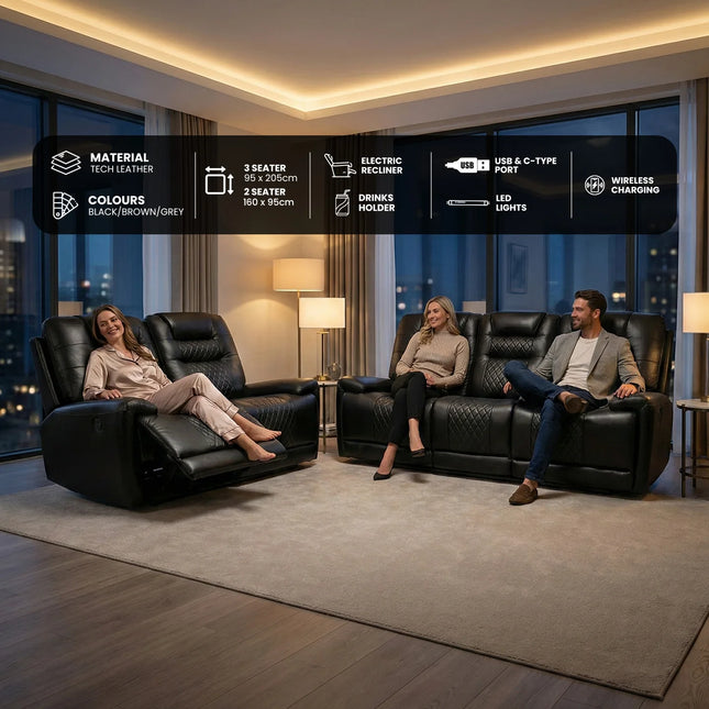 Halifax Leather Electric Recliner Sofa Set With Cupholders