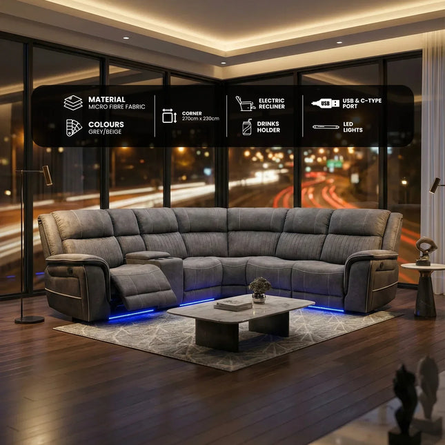 Hannah Fabric Electric Recliner Corner Sofa Grey