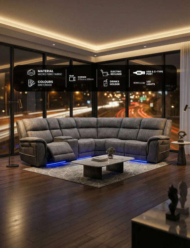 Hanna Electric Recliner Corner Sofa Grey Micro Fabric