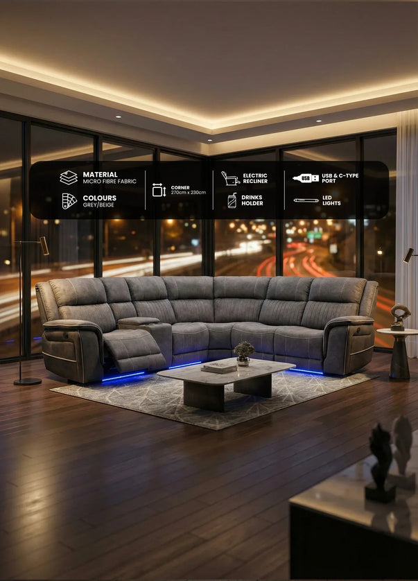 Hannah Fabric Electric Recliner Corner Sofa Grey