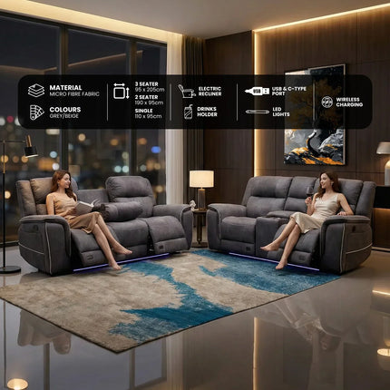 Hannah Micro Fibre Electric Recliner Fabric Sofa 3+2 Seater