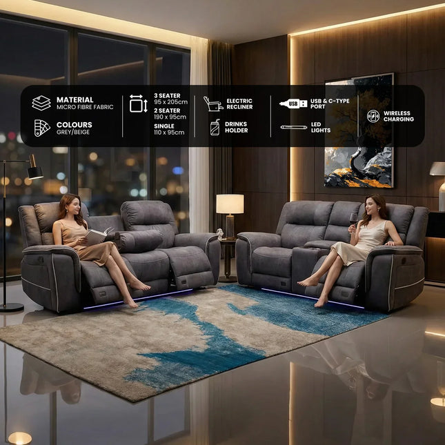 Hannah Micro Fibre Electric Recliner Fabric Sofa 3+2 Seater