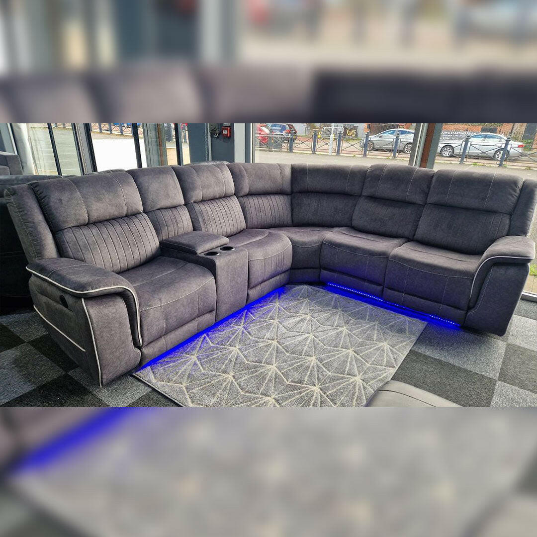 Fabric Electric Recliner Corner Sofa Grey-LED LIGHTS/USB PORTS/CUPHOLDERS