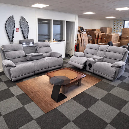 Lakeland Beige & Grey Fabric Electric Recliner 3+2 Seater Sofa Set with Bluetooth Connectivity, LED Lighting, Storage Console & Power Reclining Seats