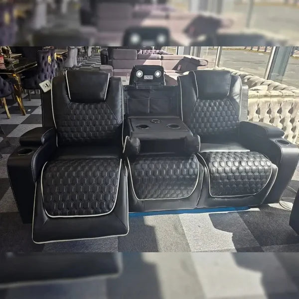 Malaga Leather Electric Recliner Sofa Set – 3+2 Seater with LED Lights, Bluetooth Speakers, USB & Type-C Charging and Wireless Charging (Grey, Black & Cream)