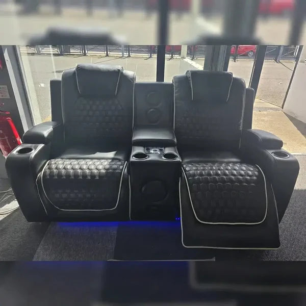 Malaga Leather Electric Recliner Sofa Set – 3+2 Seater with LED Lights, Bluetooth Speakers, USB & Type-C Charging and Wireless Charging (Grey, Black & Cream)