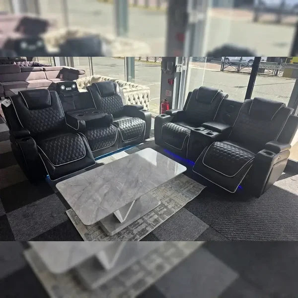 Malaga Leather Electric Recliner Sofa Set – 3+2 Seater with LED Lights, Bluetooth Speakers, USB & Type-C Charging and Wireless Charging (Grey, Black & Cream)