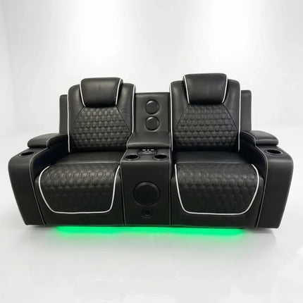 Malaga Leather Electric Recliner Sofa Set – 3+2 Seater with LED Lights, Bluetooth Speakers, USB & Type-C Charging and Wireless Charging (Grey, Black & Cream)