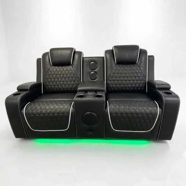Malaga Leather Electric Recliner Sofa Set – 3+2 Seater with LED Lights, Bluetooth Speakers, USB & Type-C Charging and Wireless Charging (Grey, Black & Cream)
