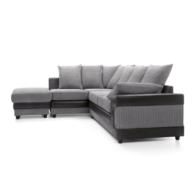 New Large Dino Corner Sofa Jumbo Cord Grey Black Or Beige Brown Left Or Right(Grey Black Right). Fire Resistant As Per British Standards, Foam Filled Seats For Comfort. 
MNS (MY NEW SOFA) LTD