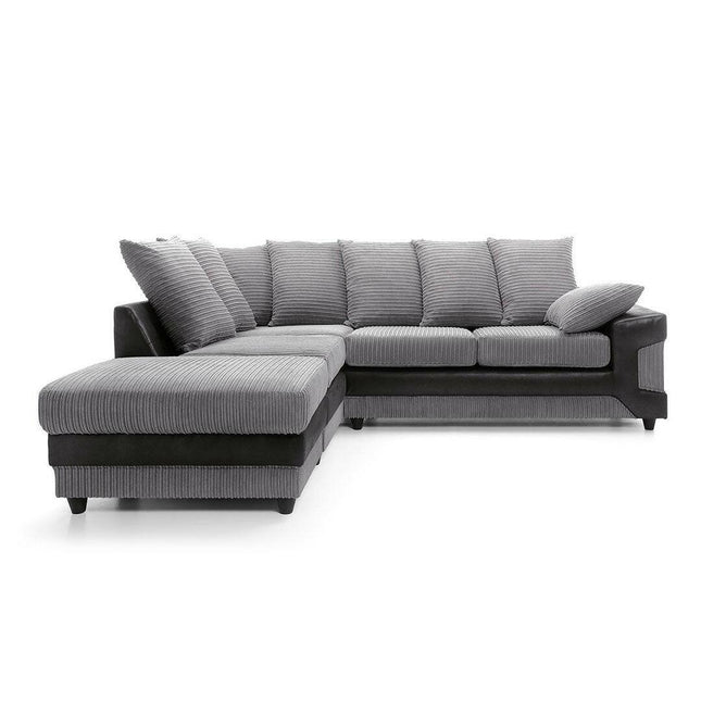 New Large Dino Corner Sofa Jumbo Cord Grey Black Or Beige Brown Left Or Right(Grey Black Right). Fire Resistant As Per British Standards, Foam Filled Seats For Comfort. 
MNS (MY NEW SOFA) LTD