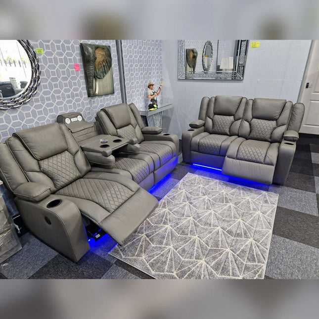 Orlando 3+2 Electric Recliner Sofa Set Grey Aire Leather 
