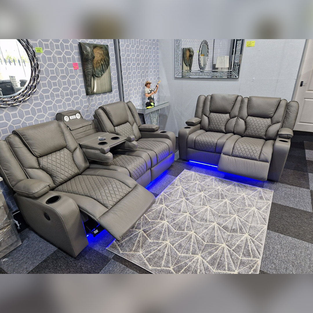 Orlando Electric Recliners 3+2 Seater Leather Sofa (Black, Grey,) /LED LIGHTS/WIRELESS CHARGER