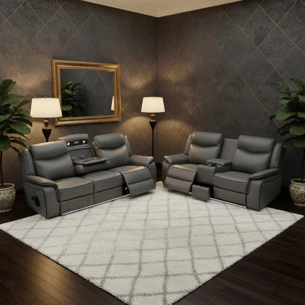 Gray recliner sofa set in a dimly lit room with decorative elements. Envogue Furniture 