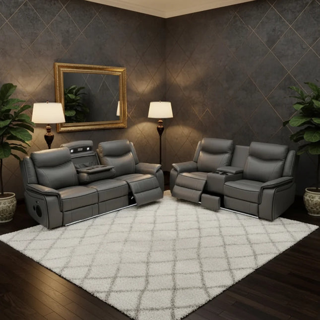 Gray recliner sofa set in a dimly lit room with decorative elements. Envogue Furniture 