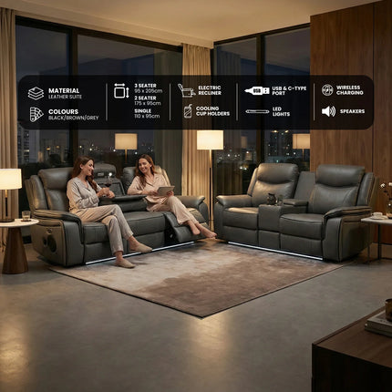 Pradaa Leather Electric Recliner Sofa Set With Cupholders – 3+2 Seater Sofa Set – LED Lights – Bluetooth Speakers – Cooling cupholders – USB and Type-C charging ports (3+2 Seater)Holders - Buy Online UK